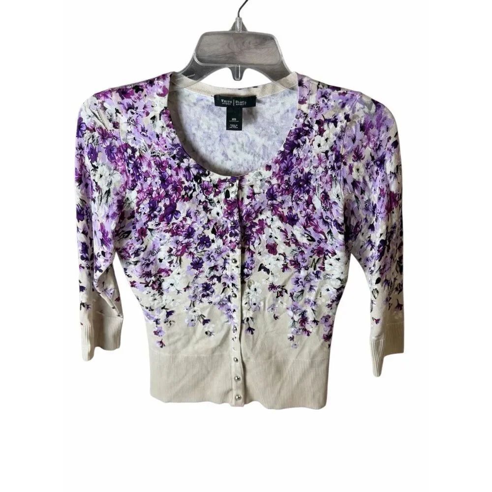 White House Black Market Floral Cardigan XS Purple Cottagecore Romantic Chic